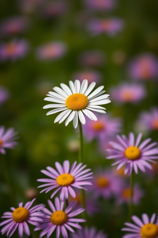 Capture a close-up of a single daisy in a field of purple daisies with a shallow depth of field, using a DSLR camera, 50mm lens, f/1.8 aperture, 1/200s shutter speed, ISO 100, natural lighting, and a soft bokeh effect in the background.