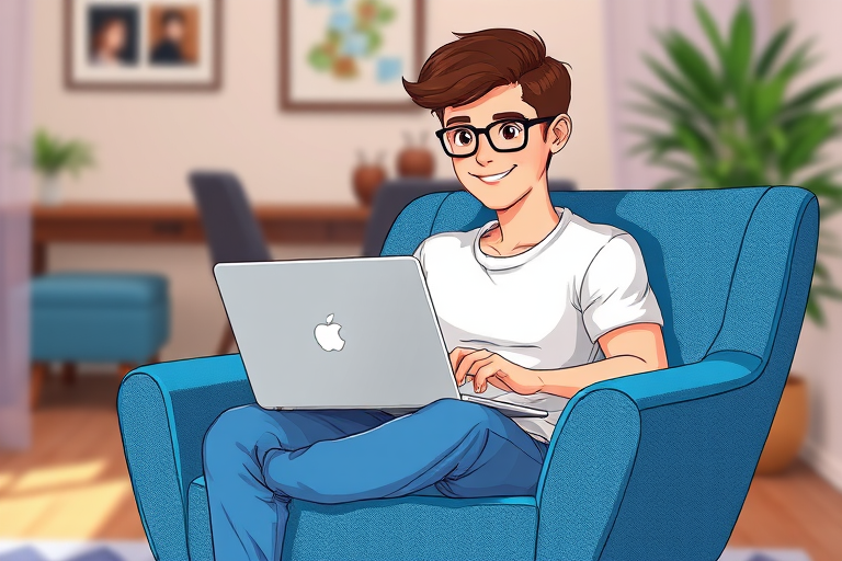 Create a digital illustration of a young man with brown hair and glasses sitting on a stylish blue chair while typing on a laptop, with soft lighting, 35mm lens, f/2.8 aperture, ISO 100, in a cozy indoor setting, emphasizing a friendly and focused expression.