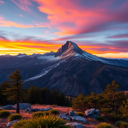 Create a high-resolution image of a majestic mountain landscape at sunrise with vibrant colors, using a Canon EOS R5, 24mm lens, aperture f/8, ISO 100, shutter speed 1/125s, captured from a wide-angle view, emphasizing the foreground details and natural lighting.