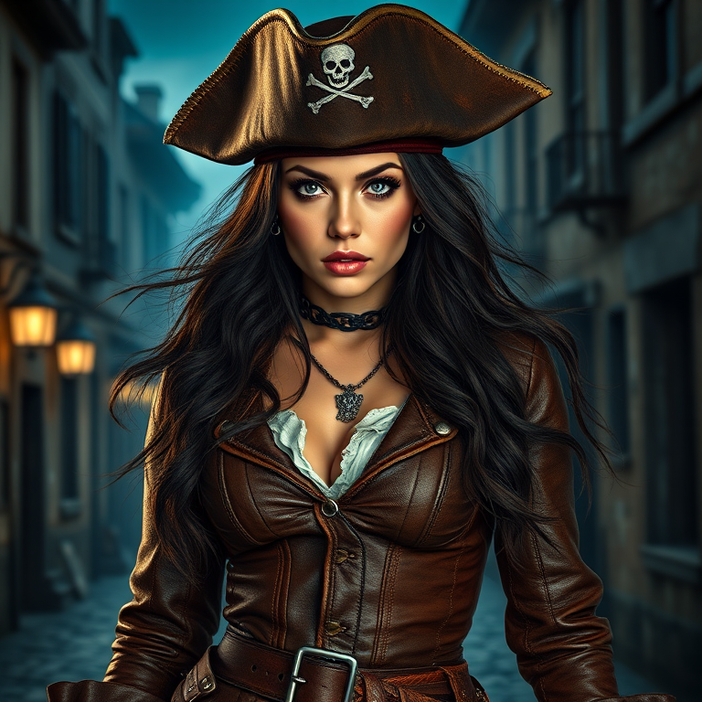 Create a portrait of a fierce female pirate. She wears a leather tricorn hat adorned with a skull and crossbones emblem, and her long, dark hair flows around her face. Her outfit consists of a richly detailed leather jacket, a corset, and multiple layers of belts and accessories, giving her a formidable and stylish appearance. She stands confidently in a dimly lit, historic port town, with a backdrop of weathered buildings and cobblestone streets, capturing the adventurous spirit of a pirate.