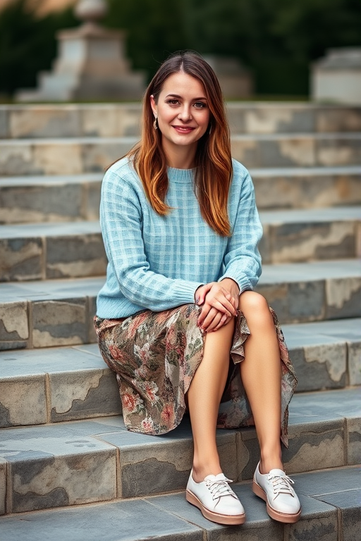 Portrait of a woman sitting casually on a stone step, wearing a light blue checkered sweater and a floral skirt, softly lit by natural light, with a shallow depth of field, taken with a DSLR camera, 50mm lens, aperture f/1.8, ISO 200, focus on the subject, warm evening tones.