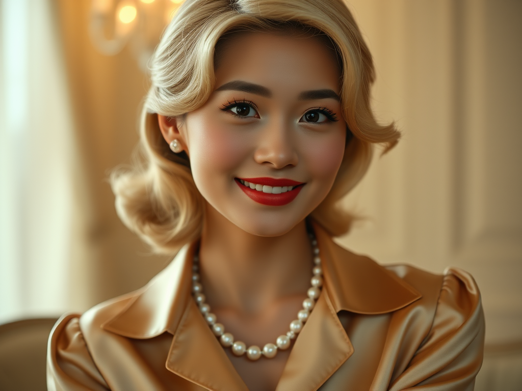 A beautiful Taiwanese woman reminiscent of 1950s Hollywood glamour, with perfectly styled blonde hair and a seductive smile, dressed in a satin blouse and adorned with pearls, soft and warm tones, photorealistic, 8K