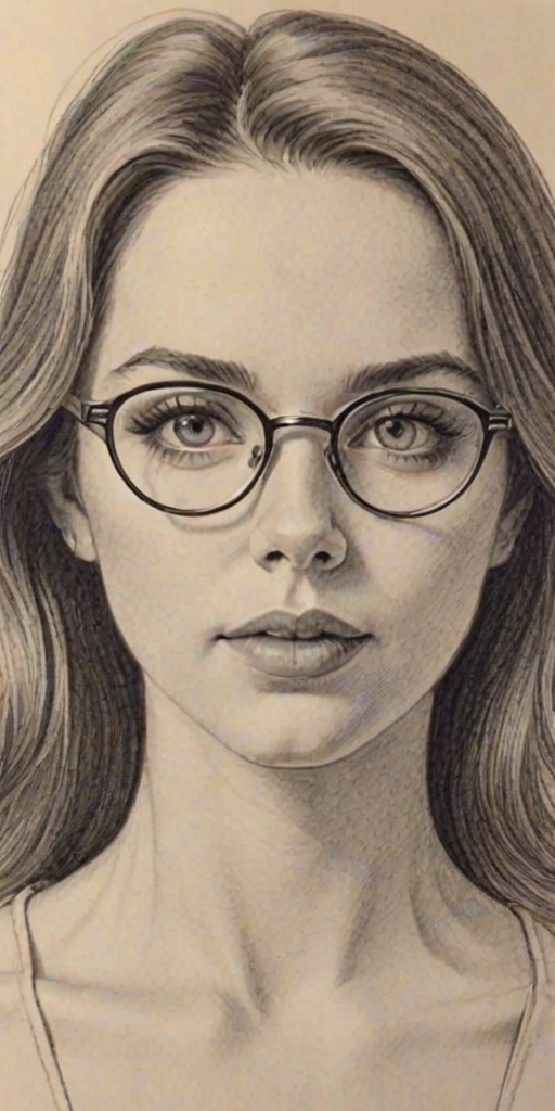 Bewitching Erin Darke, pencil sketch, portrait of Gorgeous woman 1967s in glasses, hair style beatnik, outline, clear lines, fine lines, 8k