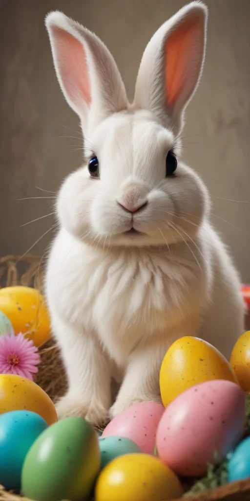 Adorable White Rabbit Surrounded by Colorful Easter Eggs and Flowers