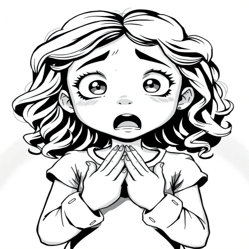 The image is a black and white illustration of a young girl with curly hair. She has a surprised expression on her face with her mouth open and her hands clasped together in front of her chest. Her eyes are wide and her eyebrows are furrowed. Her hair is styled in loose curls that are cascading down her back. The overall mood of the image is one of shock or surprise.