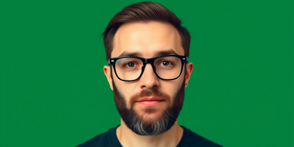 Generate a vector-style portrait of a man with glasses and a beard against a solid green background, using a DSLR camera with a 50mm lens, aperture f/1.8, ISO 100, and focused on the subject's face from a frontal view.