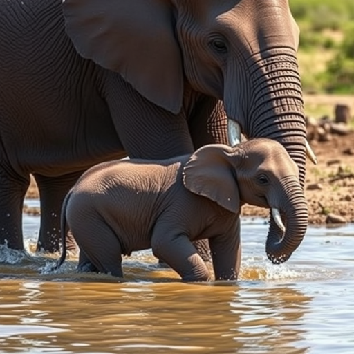 Generate an image of an adult and a baby elephant walking through shallow water, using a DSLR camera with a 50mm lens, aperture set to f/2.8, ISO 200, and a focal length of 50mm, shot in natural light from a low angle to enhance depth and detail.