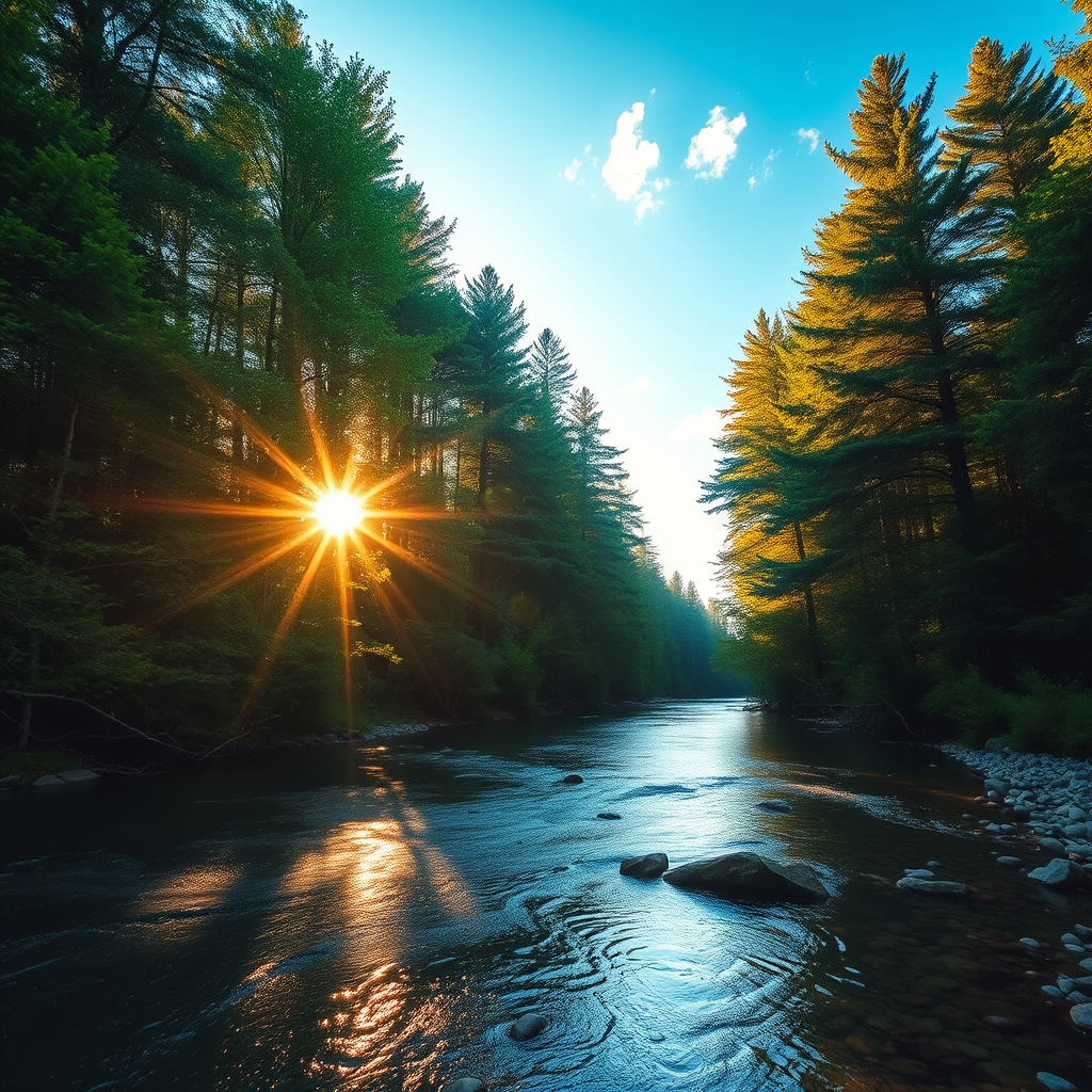 Create an image of a serene, sunlit forest scene with a clear, gently flowing river. Tall trees with lush green foliage line both sides of the river, their leaves bathed in the warm golden light of the setting or rising sun. The sunlight filters through the trees, casting soft, dappled light on the river, which flows over smooth rocks and pebbles, creating a peaceful, natural atmosphere. The sky is bright with a few scattered clouds, and the overall mood is tranquil, evoking a deep sense of connection with nature. The image captures the beauty of a calm, pristine forest landscape at either dawn or dusk.