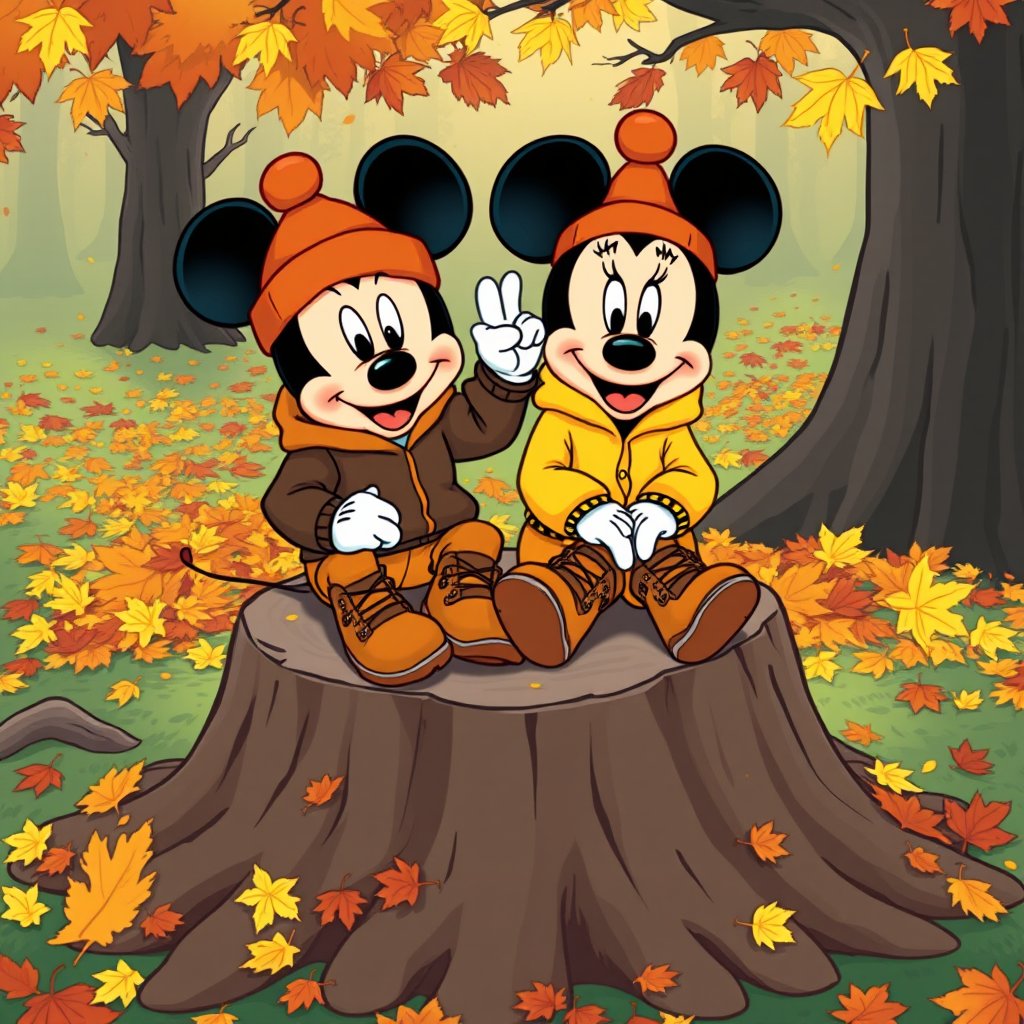 create a cartoon style of Mickey and Minnie wear Fall theme colored sweat suits with timberland boots and Bernie hats sitting together on a big tree stump surrounded by large color pile of raked leaves