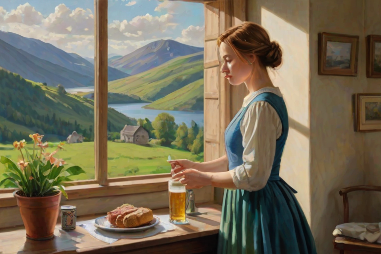 In "A Glass of Beer on the Highland," a serene scene is depicted in a sunlit room where a woman in a vibrant blue dress stands by a large window. She holds a tray with a hearty meal and a frothy glass of beer, embodying a moment of relaxation. Outside, the breathtaking highland landscape features rolling green hills and a charming traditional house, all bathed in warm afternoon light. The interior is adorned with potted plants, creating a harmonious blend of comfort and nature. The painting beautifully captures the tranquility and joy found in simple pleasures amidst stunning scenery