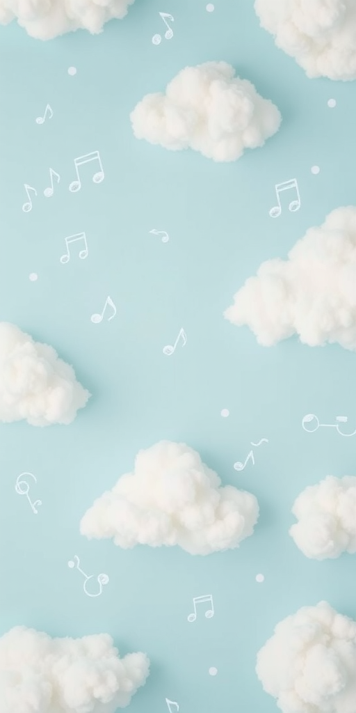 a seamless pastel blue background with white fluffy clouds, incorporating light sketches of notes and abstract shapes, taken with a Canon EOS R5, 50mm lens, f/2.8 aperture, 1/125s shutter speed, shot from a top-down perspective with a soft focus effect to enhance the whimsical quality
