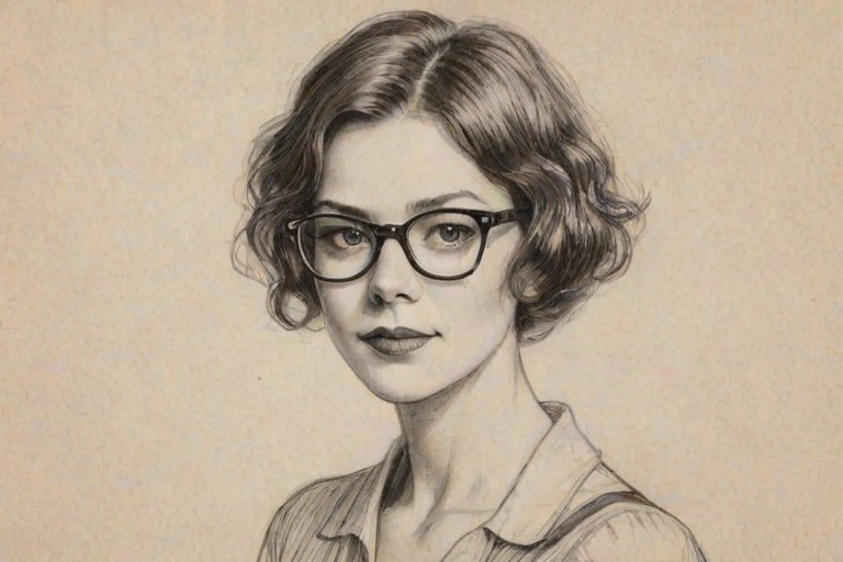 Captivating Nora Zehetner, pencil sketch, portrait of Radiant woman 1923s in glasses, hair style beatnik, outline, clear lines, fine lines, 8k