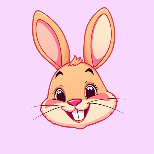 Create a vibrant illustration of a cartoon rabbit head with a playful expression against a soft purple background, using a digital camera with a 50mm lens, aperture set to f/1.8, ISO 100, and a shallow depth of field to enhance colors and sharpness.