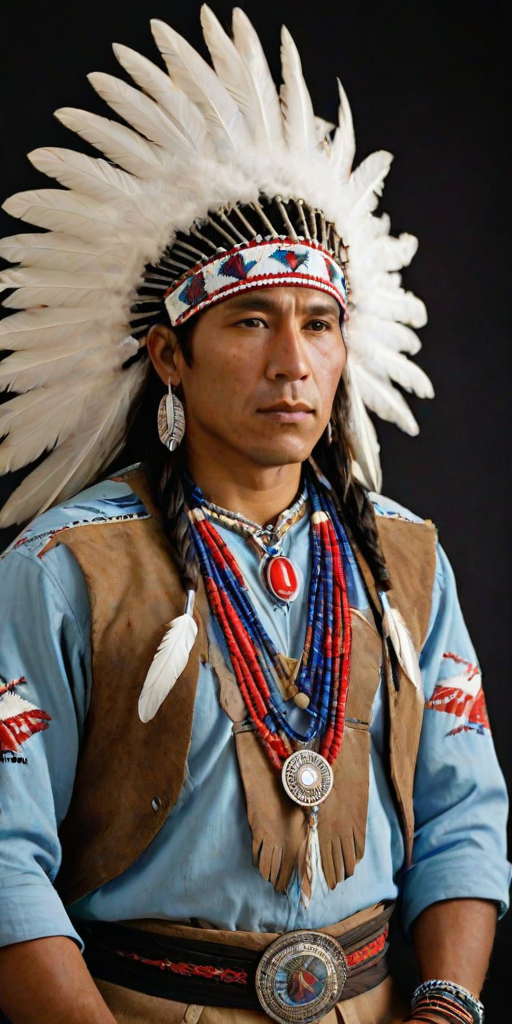 Create a dignified portrait of a Native American man dressed in traditional attire. He wears a beautifully crafted headdress adorned with white feathers and red beads, along with a beaded headband featuring intricate patterns. His clothing includes a deep blue, patterned shirt and a traditional chest piece with detailed beadwork. His arms are crossed, displaying leather armbands decorated with feathers. The background is simple and neutral, emphasizing his proud and stoic expression. The overall image captures the rich cultural heritage and strength of his persona.
