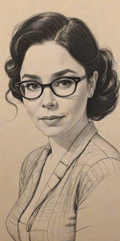 Charming Alex Borstein, pencil sketch, portrait of Alluring woman 1946s in glasses, hair style beatnik, outline, clear lines, fine lines, 8k