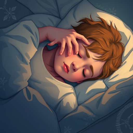 Create a detailed illustration of a person sleeping with a gentle hand reaching out to them, using an overhead view, with a soft focus, in a digital painting style, using a 50mm lens at f/1.8 for a shallow depth of field.