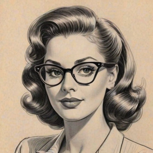 Fetching Karen Valentine, pencil sketch, portrait of Dazzling woman 1948s in glasses, hair style beatnik, outline, clear lines, fine lines, 8k