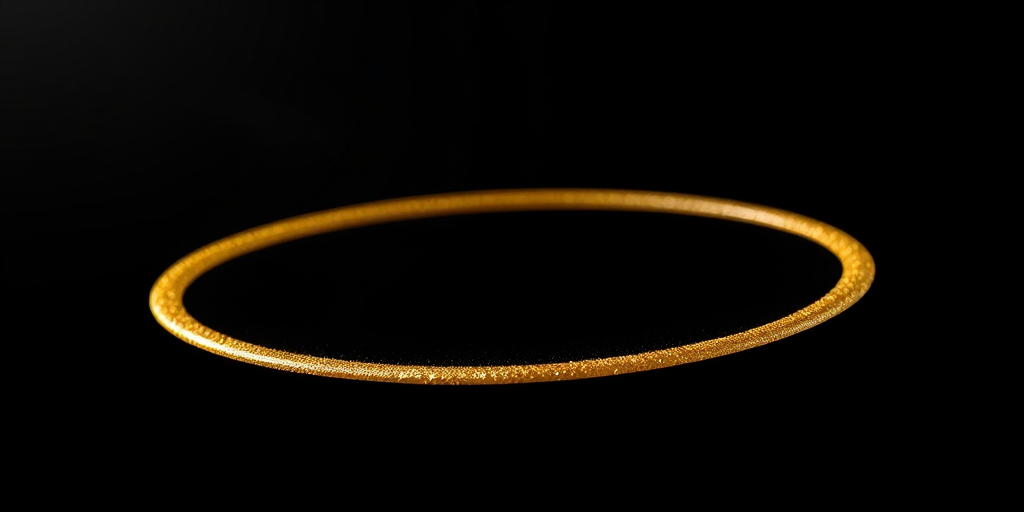 Create a visually striking image of an elegant gold ellipse with a glittery texture set against a deep black background, using a Canon EOS R5 camera with a 50mm lens, aperture f/1.8, ISO 100, shutter speed 1/160 sec, shot from a close-up view at a slight angle to enhance depth and shimmer.