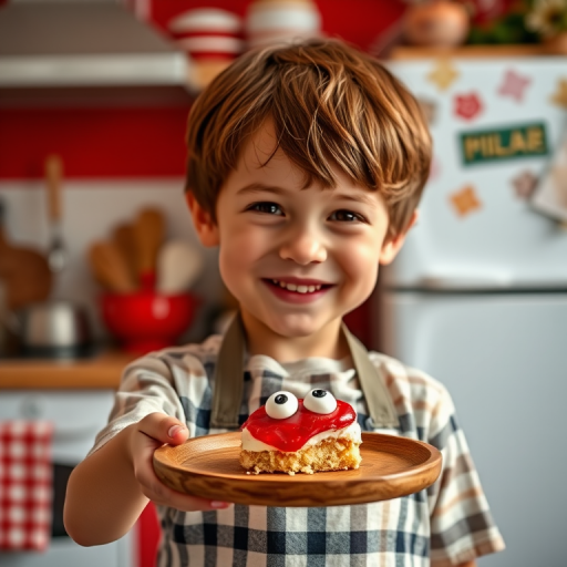 Capture a joyful young boy with short brown hair, wearing a checked apron, presenting a whimsical dessert with cartoonish eyes on a wooden plate, in a cozy kitchen setting with a playful red theme, using a Canon EOS R5 with a 50mm lens, aperture f/1.8, ISO 200, natural lighting for enhanced detail and colors.