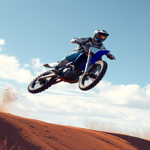 Create a high-resolution illustration of a motocross rider performing a jump on a blue dirt bike, captured with a DSLR camera at f/5.6 aperture, 1/1000 shutter speed, ISO 400, taken from a low-angle perspective for dynamic effect.