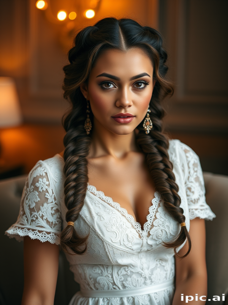 Create a portrait of a refined and elegant woman seated in a sophisticated setting. She has long, wavy hair styled in two thick braids that are pulled over her shoulders. She wears a white, lace gown with intricate patterns, featuring a deep V-neckline and short sleeves. The dress exudes a vintage charm with its delicate lacework. She is adorned with ornate, dangling earrings that add a touch of glamour to her appearance. The background is softly lit, with warm, ambient lighting that creates a cozy and inviting atmosphere. Her expression is poised and serene, capturing a sense of grace and elegance.
