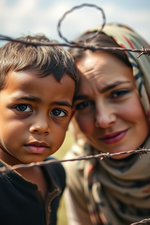 Capture a candid moment of a young boy and a woman looking through a barbed wire fence, shot with a 50mm lens at f/1.8, ISO 400, shutter speed 1/200s, natural light, and a shallow depth of field to emphasize their expressions while softening the background.