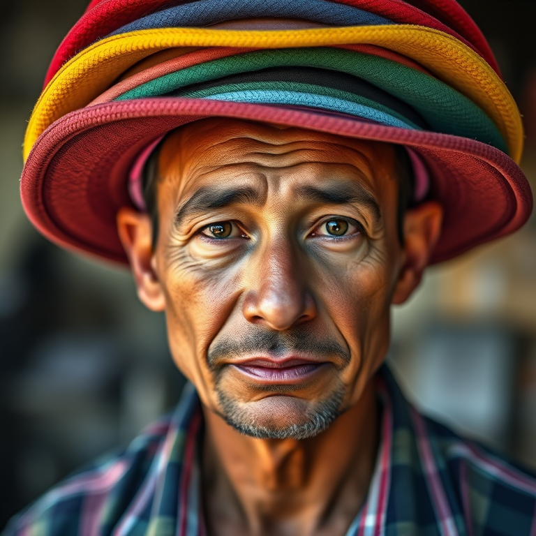 Create a portrait of a man wearing a stack of colorful hats, with a focus on texture and detail, natural lighting, shallow depth of field, shot with a DSLR camera at f/2.8, ISO 100, and a focal length of 50mm.