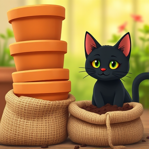 Create a playful cartoon scene featuring a cute black cat peeking from behind a stack of terracotta plant pots next to a burlap sack of chocolate soil, with a soft focus background; use a Canon EOS 5D Mark IV, f/2.8, ISO 200, 50mm lens, and a top-down view for a whimsical perspective.