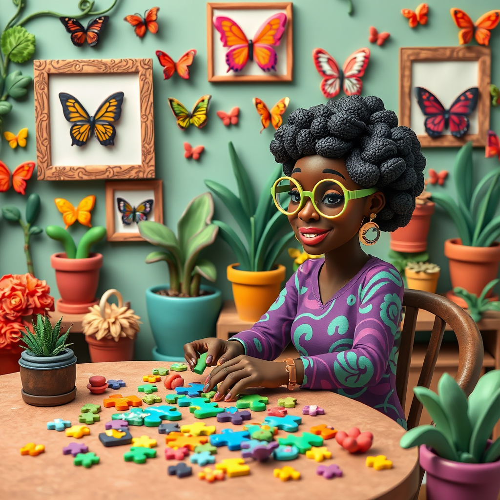 A vibrant and whimsical illustration of an african american woman sitting at a table working on a colorful jigsaw puzzle. she is wearing round glasses, and patterned clothing in shades of purple and green.  The background features an eclectic collection of framed butterflies, potted plants, and other natural elements, creating a warm and inviting atmosphere. The style is playful and modern, with rich textures, intricate details, and a lively color palette.