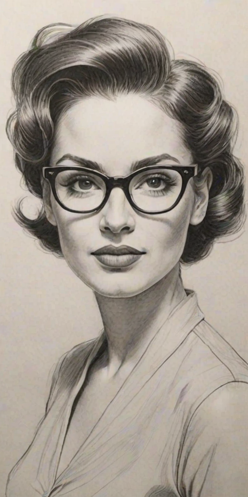 Fetching Cristina Milian, pencil sketch, portrait of Captivating woman 1950s in glasses, hair style beatnik, outline, clear lines, fine lines, 8k