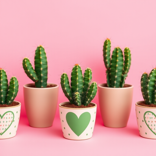 Create a high-resolution digital pattern featuring green cacti in decorative pots with heart designs against a soft pink background, using a Canon EOS R5 camera with a 50mm lens at f/8, 1/125s shutter speed, and ISO 100 for optimal clarity and vibrant color reproduction.