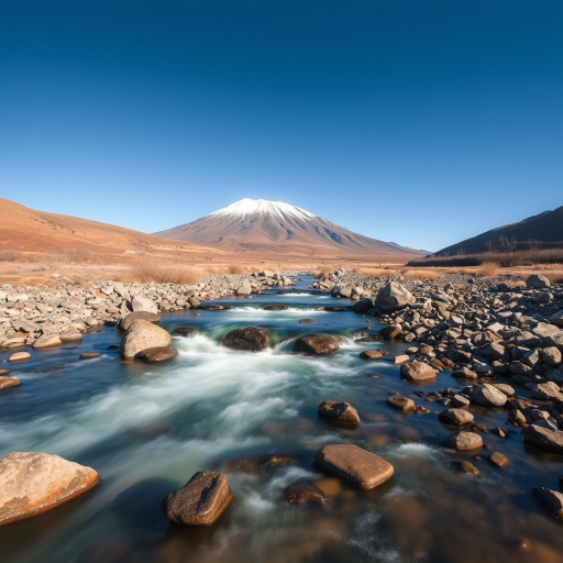 capture a long exposure shot of a flowing river through rocky terrain with a mountain backdrop under a clear blue sky, using a wide-angle lens at f/8, ISO 100, shutter speed 1/4 sec, taken with a DSLR camera in landscape orientation