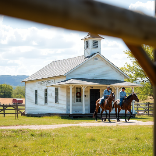 Regenerate the image of a historic one-room schoolhouse with a horse and riders, using a DSLR camera type, medium focal length lens, aperture set to f/8 for depth of field, and a bright, clear day lighting to enhance colors and details, capturing a slightly elevated view to show the surrounding landscape.