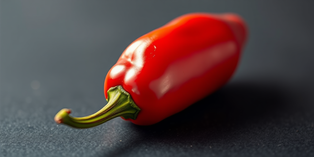 Create a highly detailed and vibrant illustration of a red chili pepper on a contrasting background, with a macro lens setting, f-stop of 2.8 for a shallow depth of field, using a DSLR camera style for enhanced clarity and vivid colors.