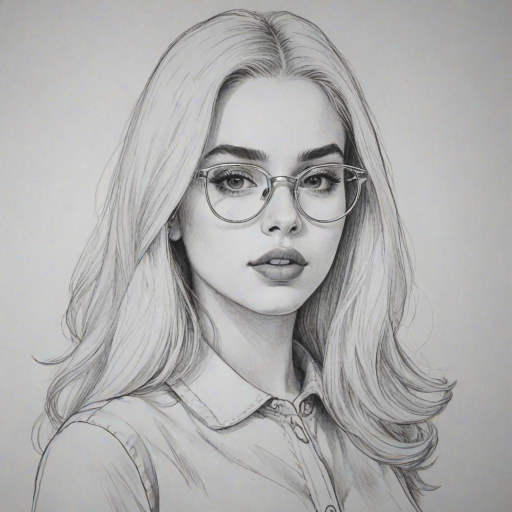 Attractive Ava Max, pencil sketch, portrait of Beauteous woman 1953s in glasses, hair style beatnik, outline, clear lines, fine lines, 8k