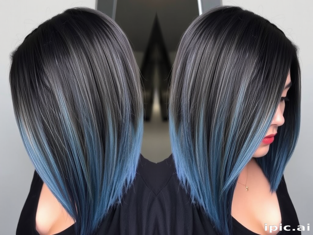 Smoky grey ombre hair transitioning to steel blue tips, styled in a sleek and straight lob with a deep side part, creating a sophisticated and edgy look called Twilight Horizon
