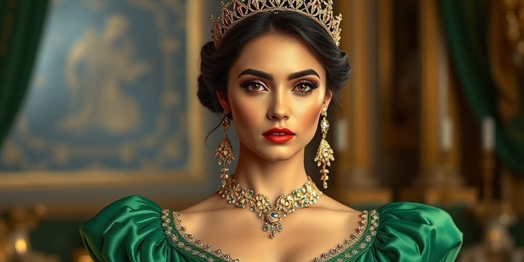 A gorgeous Chaldean woman in a luxurious green gown, accessorized with a dazzling tiara and statement earrings, her deep red eyes highlighted by impeccable makeup, poised in a royal setting, photorealistic, 8K quality