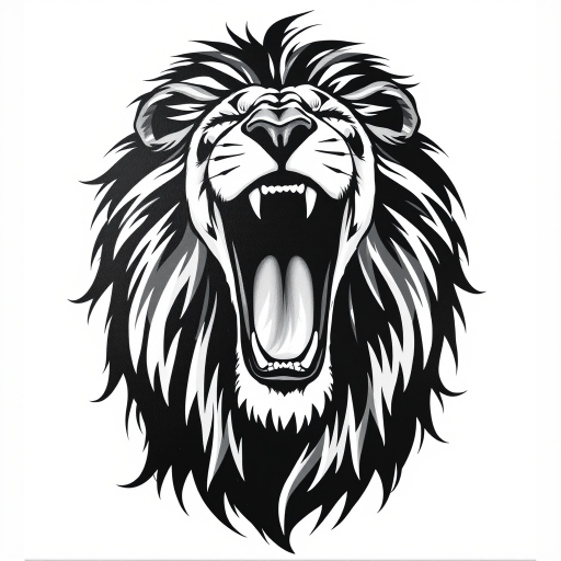 Abstract black and white acrylic portrait of an over exaggerated laughing (lion). Minimalism style. White background.