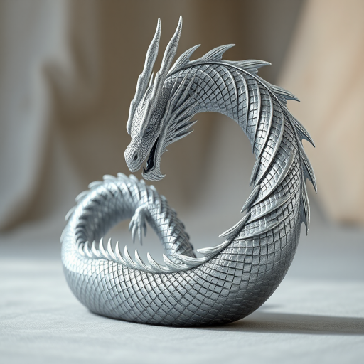 Create a highly detailed 3D rendering of a silver dragon in a curled position, captured using a Canon EOS R5 camera at 85mm focal length, f/1.4 aperture, ISO 100, in a soft diffused light environment with a shallow depth of field to enhance texture and detail.