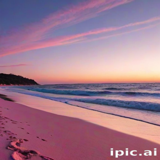 Tranquil Sunset Over the Serene Beach with Gentle Waves and Footprints