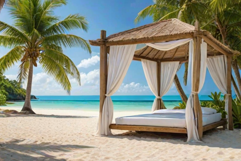 Create a picturesque tropical beach scene featuring a serene, white sandy shore. In the foreground, there's a rustic wooden canopy with white drapes gently flowing in the breeze. Underneath the canopy, a table is set with tropical decor, evoking a sense of relaxation and leisure. The beach extends into a calm, shallow water area with reflections of the sky and surroundings. Palm trees and lush greenery line the edge of the beach, providing a natural, tropical backdrop. The sky is clear with a few scattered clouds, and the overall atmosphere is tranquil and inviting, perfect for a peaceful retreat.