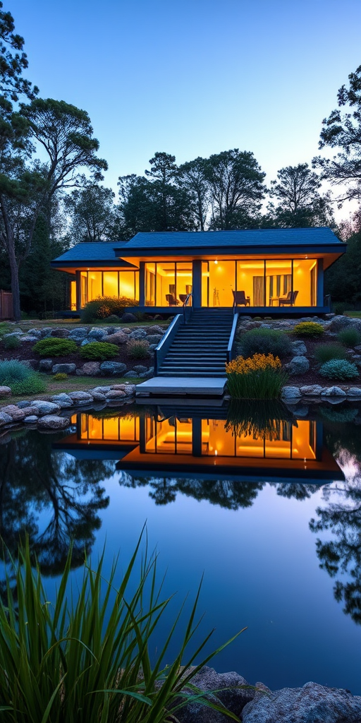 modern architectural home surrounded by tranquil landscaping and a reflective pond, twilight setting, soft lights illuminating the exterior, shot with a Canon EOS R5, aperture f/4, ISO 100, shutter speed 1/60 sec, wide-angle view, HDR photography style