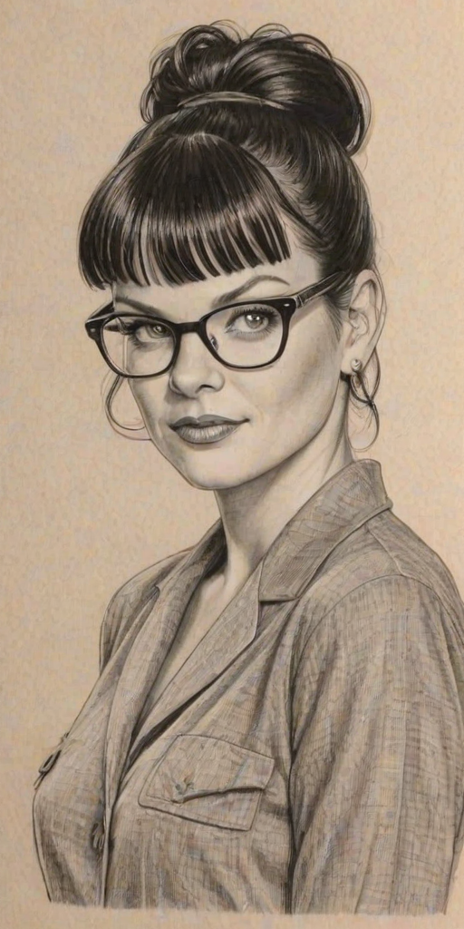 Captivating Pauley Perrette, pencil sketch, portrait of Charming woman 1952s in glasses, hair style beatnik, outline, clear lines, fine lines, 8k