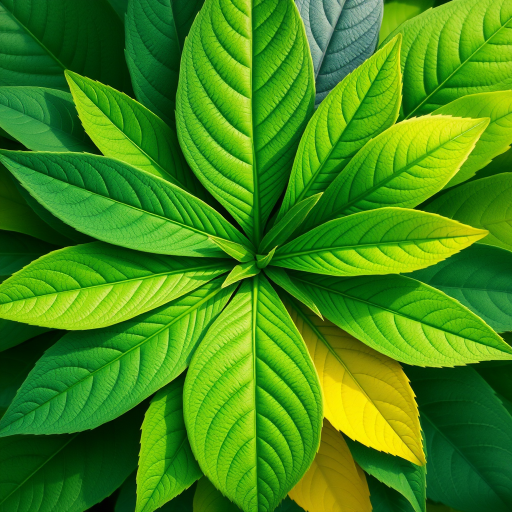 Create a vibrant illustration of a symmetrical arrangement of various green leaves, with detailed textures and varying shades, using a macro lens, f/2.8 aperture for shallow depth of field, 100mm focal length, and soft natural lighting for enhanced color and contrast.