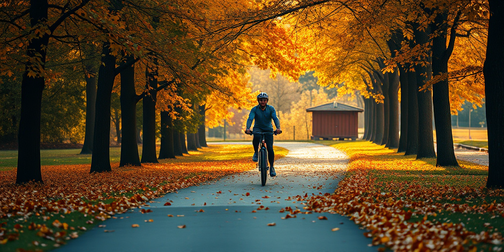 Capture a serene autumn scene of a person biking down a leaf-covered path in a park, with vibrant orange and yellow leaves, using a Canon EOS R with a 50mm lens at f/2.8, ISO 200, 1/500s, warm sunlight filtering through the trees, focusing on depth of field to highlight the cyclist and a soft background.