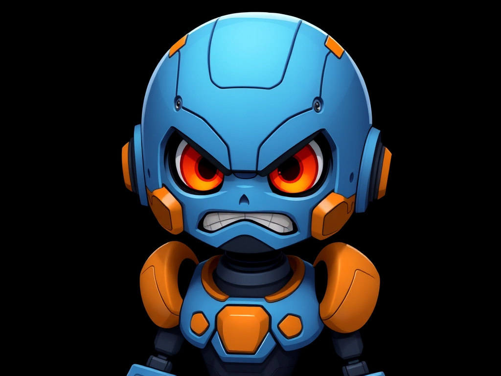 Create an image of a cartoon robot with a blue dome head, orange accents, and an angry expression, set against a black background, using a digital art style with a resolution of 4K, utilizing a 50mm lens, f/8 aperture, and a slight vignette effect for depth.