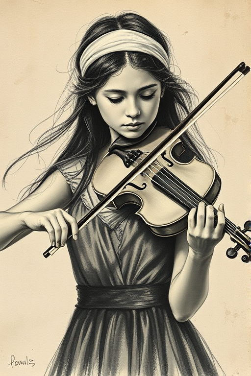 a young Romani woman with a white headband playing a violin, in the style of a charcoal drawing, sepia grunge background