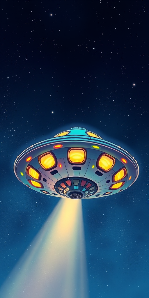 Create a highly detailed and colorful illustration of a UFO with multiple windows, capturing it in a dynamic angle from below using a DSLR camera with a 50mm lens at f/1.8 and ISO 200, ensuring a vivid background with stars and a night sky for enhanced image quality.