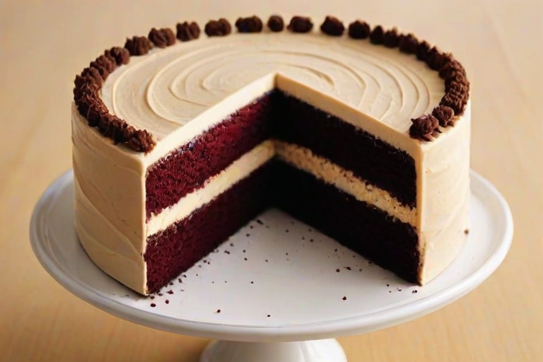Create an image of a layered cake with distinct sections. The top layer should be decorated with elegant frosting and small chocolate curls. Below that, include a red velvet layer, followed by a creamy cheesecake layer, and a bottom layer of a chocolate cookie crust. Make sure to show the cross-section clearly to highlight the different textures and colors of each layer. The background should be simple and neutral to emphasize the cake.