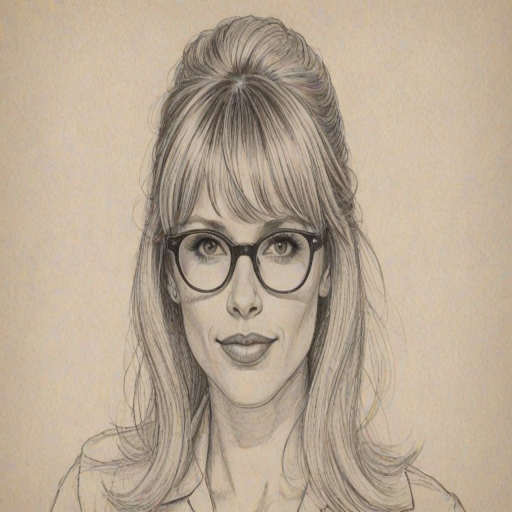 Radiant Lucy Punch, pencil sketch, portrait of Comely woman 1963s in glasses, hair style beatnik, outline, clear lines, fine lines, 8k